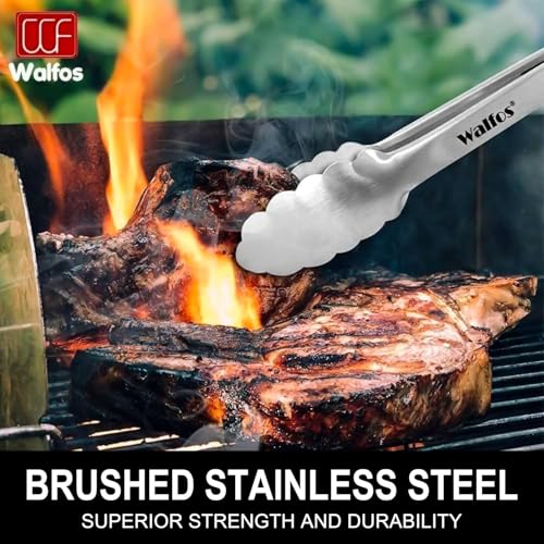 Tong for cooking, Walfos kitchen tongs set of 2 - Heat Resistant 600℉, Heavy Duty Locking Metal cooking Tongs, Stainless Steel BBQ Grilling,(All Metal 12in+16in) - color: All Metal, size: 12in+16in