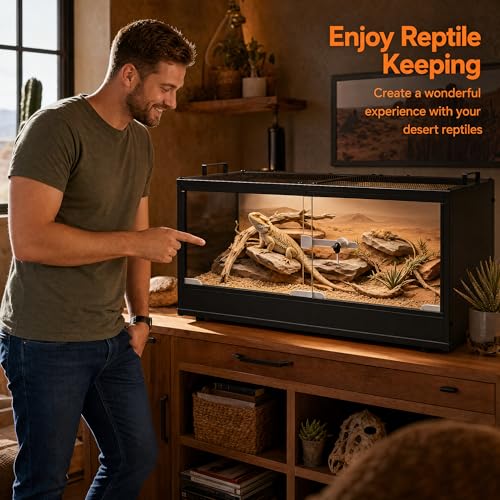 20 Gallon Reptile Terrarium Tank, Lockable Reptile Enclosure with Mesh Top & Handles, Escape-Proof Habitat Cage with Sliding Door for Snakes, Lizards, Tortoise & Small Animals, Black