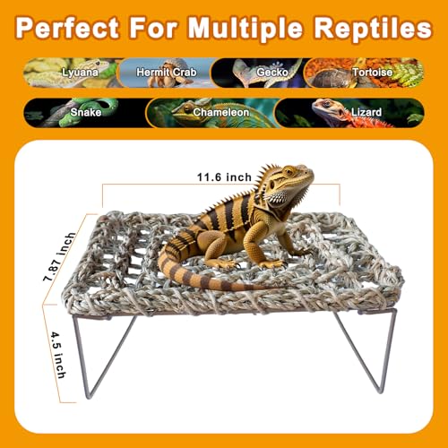 Bearded Dragon Hammock - Reptile Tank Accessories with Adjustable Metal Legs - Natural Seagrass Basking Platform Bed Habitat for Lizards, Leopard Gecko, Snake, Turtle, Hermit Crab and Frog (Rectangle)