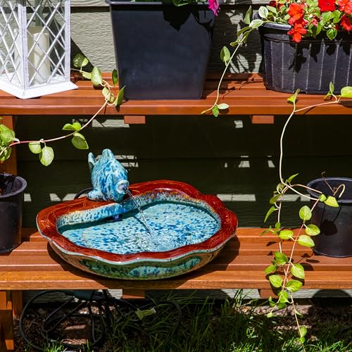 Sunnydaze Glazed Ceramic Fish 7-Inch Outdoor Garden Fountain - Outdoor Tabletop Fountain for Patio, Deck, Garden - Aqua and Brown