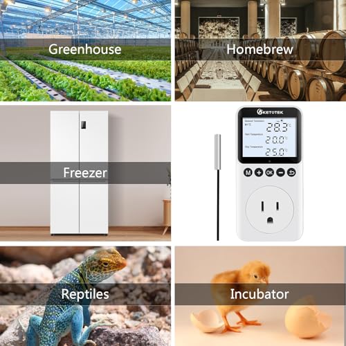 KETOTEK Plug in Thermostat Timer Temperature Controller Outlet with Backlight, Day/Night Thermostat Outlet Plug with Sensor for Reptile Terrarium Greenhouse, Digital Heating Cooling Temperature Switch - style: KT3200proBL with Backlit