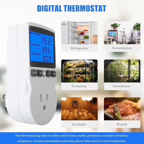 Programmable Plug-in Thermostat Outlet - Digital Temperature Controller with Cycle Timer, 110V 15A, Widely Used for Terrarium, for Refrigerator, for Vivarium, New Version