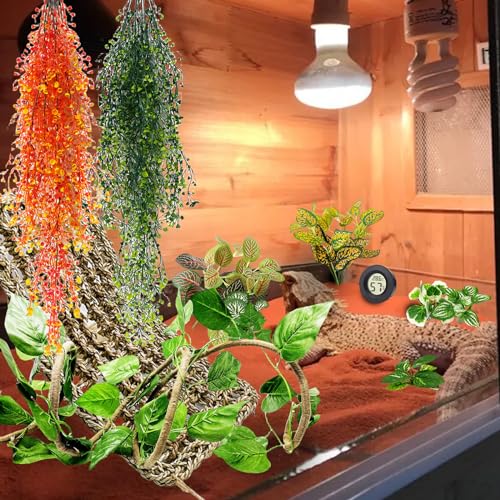 Tfwadmx 15Pcs Bearded Dragon Tank Accessories, Reptile Plants, Reptile Hammock, Lizard Habitat Decor with Terrarium Plants Hygrometer for Geckos Snakes Chameleons