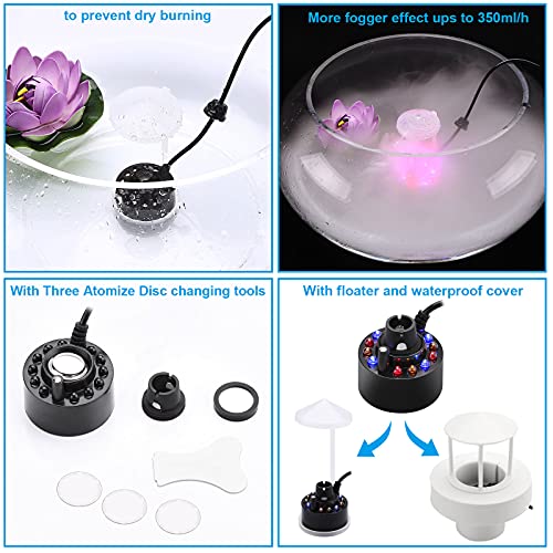 FITNATE 350ml/H Ultrasonic Mist Maker Fogger Atomizer with LED Changing Light for Water Fountain Pond Pot Rockery Sink, with Removable Splash Guard,Atomized disc and Changing Tools