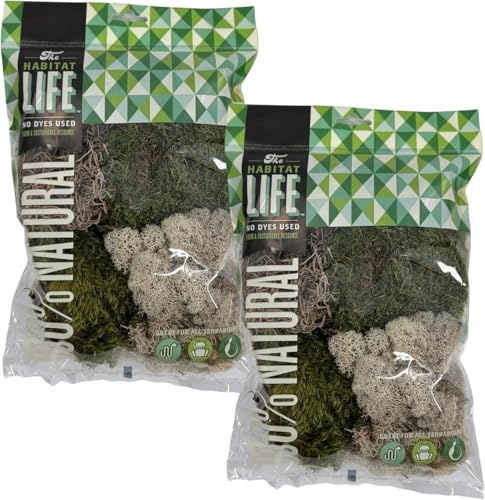 The Habitat Life - Natural Variety Pack - Mix of Reindeer, Mood, Sheet & Spanish Moss - for All Terrariums - Humidity Control - Breathable Bedding - Dye-Free & Safe - Medium - 2 Pack - size: Medium (2-Pack), style: Variety Pack