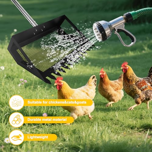 15inch Extra Large Chicken Poop Scooper,Adjustable Chicken Coop Scooper for Poop,Stainless Steel Chicken Poop Scooper Rake with 24 to 68" Handle,Litter Scooper Sifting Shovel Chicken Coop - color: Black