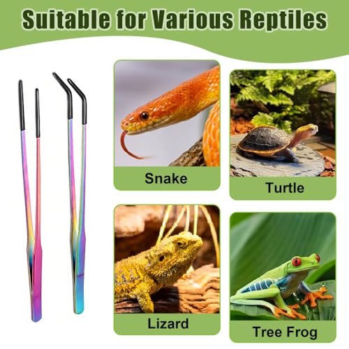 2PCS Stainless Steel Feeding Tongs, Long Handle Straight & Curved Tweezers with Soft Silicone Tips for Reptile Gecko Aquarium Plant Terrarium - color: Silver And Red Vinyl Tip