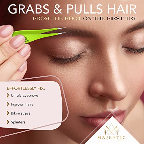 Majestic Bombay Fine Point Tweezers for Women and Men – Splinter Ticks, Facial, Brow and Ingrown Hair Removal–Sharp, Needle Nose, Surgical Tweezers Precision Pluckers best tweezers for chin hair - color: Green