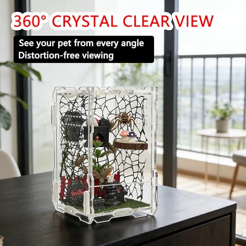 21-in-1 Jumping Spider Enclosure Kit, Acrylic Terrarium with Front Door & Magnetic Feeder, Complete Accessories Set for Jumping Spider, Tarantula, Praying Mantis, Reptile Habitat, 360° View