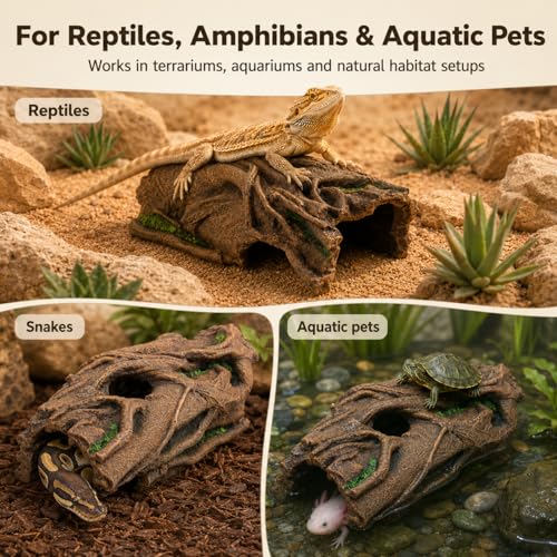 Large Reptile Hideout, Resin Hollow Log Cave for Ball Python & Bearded Dragon, Natural Basking Platform & Tank Decor for Snake, Gecko, Lizard, Tortoise, Axolotl