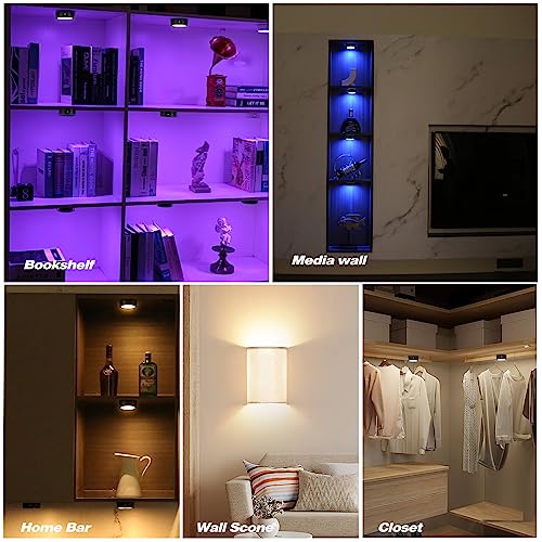 Puck Lights with Remote Timer, Under Cabinet Kitchen Lights Battery Operated LED Lights, Stick on Shelf Lights Wireless Counter Lights, RGB Color Changing Display Lights, 2 Pack Black