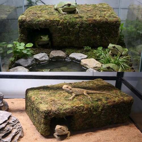 Mossy Cave Hide for Reptiles, Yellow Color Lizard Moss Hideout with Safe Shelter, Snake Cave Hut for Themed Terrarium Ideal for Gecko Hamster Snake to Rest & Hide