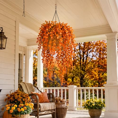6 Pack Artificial Hanging Plants 21.65 Inch Fake Hanging Eucalyptus Plants Faux UV Resistant Plastic Vine Greenery for Indoor Outdoor Bedroom Living Room Wall Patio Porch Shelf Decor (Orange)