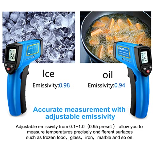 RISWOJOR Infrared Thermometer Cooking Digital Temperature Gun,Adjustable Emissivity &MAX/MIN/at/Cal Temp Gun; -58°F~752°F(-50°C~400°C) IR Laser Thermometer Gun for Industrial,Kitchen/Ovens/Grill