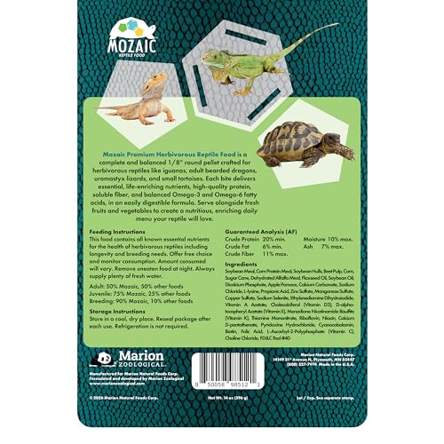 Mozaic Premium Herbivorous Reptile Food - 14 oz Bag - Small 1/8" Pellets for Iguanas, Bearded Dragons, Uromastyx, & Juvenile Tortoises - Complete Formulated Diet with Essential Amino Acids & Nutrients - size: 14 Ounce (Pack of 1)