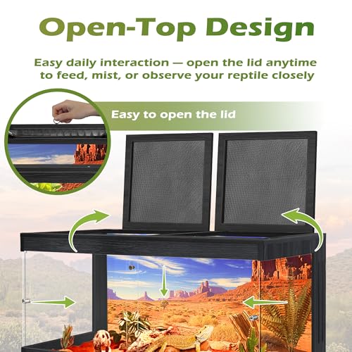 Royxen Bearded Dragon Tank, 64 Gallons Tempered Glass Reptile Terrarium with Metal Mesh Top, 3-Side Clear Anti-Scratch Glass Lizard Tank for Reptile Habitat (Black, 40" Length) - color: Black, size: 64Gal,40x20x20inch