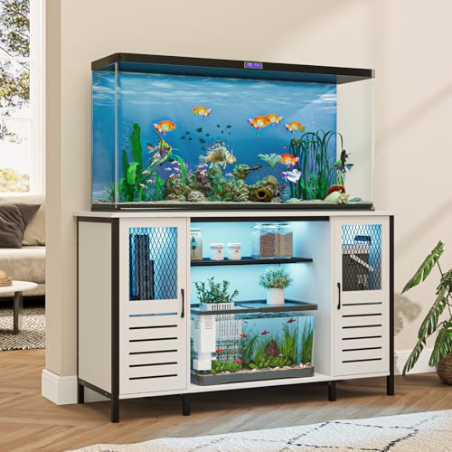 EAG 55-75 Gallon Fish Tank Stand with Power Outlets & LED Light, Heavy Duty Aquarium Stand with Adjustable Shelves, Turtle Reptile Terrarium Tank Stand with Cabinet, 1250LBS Capacity, White