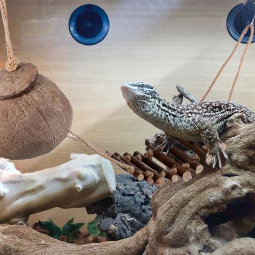 Reptile Hide Cave with Ladder Synthetic Coconut Shell Shelter for Lizard Tank Accessories Reptile Enclosure Decor 28.34X4.72X2.36In