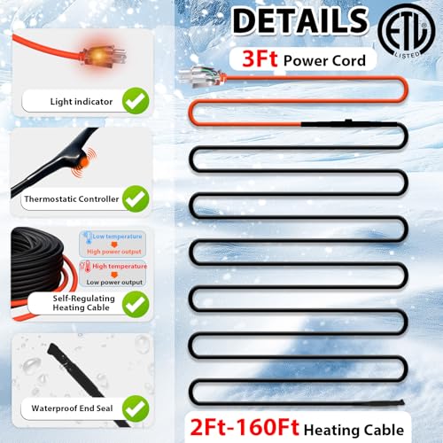 HEATIT JHSF 160ft Heating Tape for Metal and Plastic Home Pipes, Energy-efficient, Self-Regulating Pipe Heat Tape for Water Pipes, Pipe Freeze Protection, Keeps Water Flowing at -40℉, ETL 120V 3W/FT - style: 160 ft