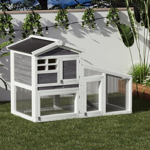 GarveeLife Rabbit Cage, Outdoor Weatherproof Bunny House Wooden, Indoor Bunny Cage with Run, Rabbit Hutch with Removable Tray, Grid Fences, Ramp 53.15" L x 23.62W 37.8" H Gray - color: Gray