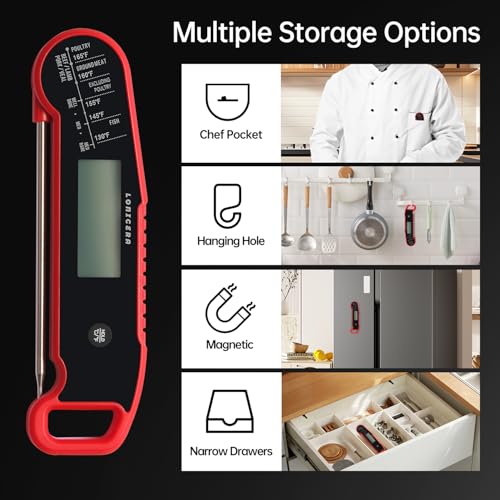 Lonicera Digital Meat Thermometer for Food Cooking. Instant Read Within 1 Sec and ±0.9℉Accuracy with Thermocouple Sensor. IP67 Waterproof, Auto-Rotating Display, Auto Wake up (Red) - color: RED
