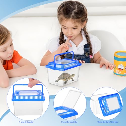 Portable Turtle Carrier Fish Tank with Lid, Mini Plastic Aquarium for Reptiles and Goldfish, Sturdy Small Square Terrarium for Home and Travel Use