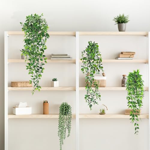 USLAI Artificial Hanging Plants Vine, Fake Potted Greenery Faux Eucalyptus, Mandala, String of Pearls, Pea Pod Leaves in Pot for Office Living Room Bathroom Indoor Outdoor Décor (4 Pack) - size: 4 Pack