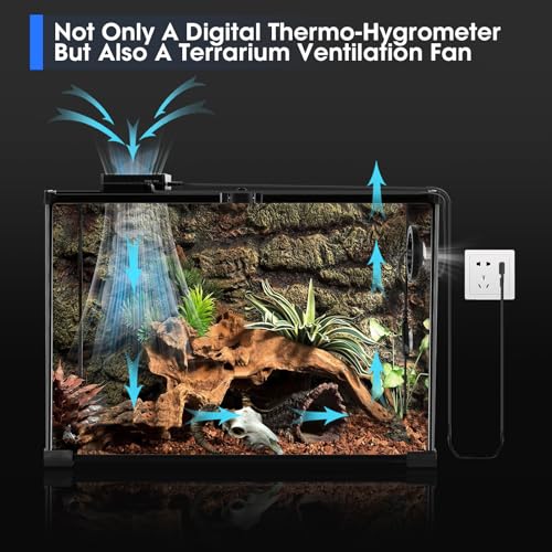 Reptile Terrarium Thermometer Hygrometer with Dehumidifier Ventilation Fan for Pet Rearing Box Reptile Tank LED Digital Thermometer and Humidity Gauge for Snake Bearded Dragon Gecko
