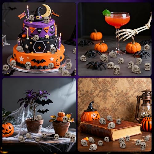 24 PCS Mini Skull Heads, Miniature Skeleton Heads Figurines, Tiny Resin Skulls for Crafts Halloween Party Micro Landscape Cake Topper Plants Outdoor Decoration