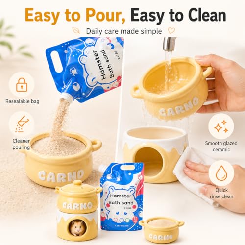 Meow&Woof Ceramic Hamster Hideout & Natural Desert Bath Sand Set, 4-in-1 Cooling Ceramic Cave with 2.2 lb Unscented Low-Dust BathSand, Small Animal House, Bowl and Daily Care Set