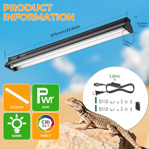 Lustaled 22’’ 24W T5 UVB Reptile Light Combo Kit Switchable UVB 5.0, 10.0 | for Tropical & Desert Reptiles, Reptile Lamp Terrarium Hood UVB Light for Bearded Dragon, Lizards, Snake, Chameleon, Turtle