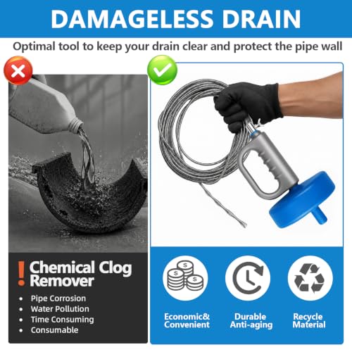 Drain Snake 5Set-33Ft Drain Clog Remover,62inch Heavy Duty Plumbing Snake,20inch Hair Clog Remover,Gloves for Bathtub,Toilet,Sewer,Kitchen Sink,Drainage Pipe(Blue) - style: 5SET Heavy Duty
