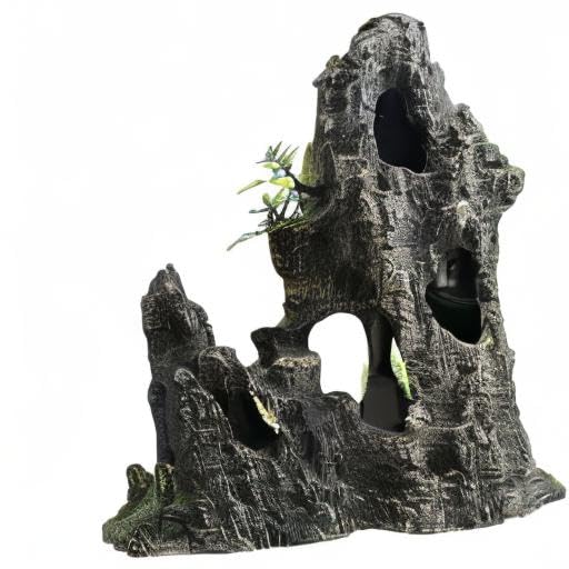 Saim Large Aquarium Mountain View Stone 11.02" Tall Resin Cave Ornament – Betta Hideout with Artificial Plants, for Cichlids Goldfish, Multi-Cave Aquascape Fish Tank Accessories