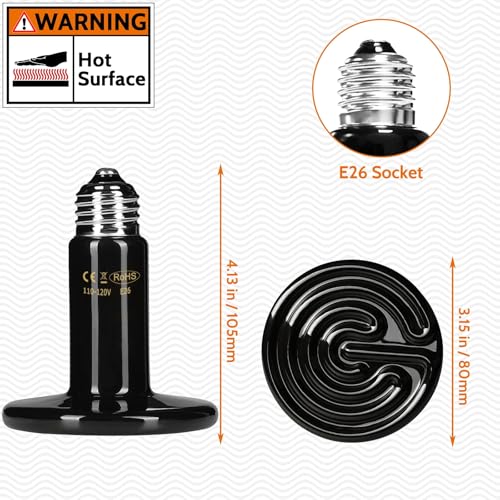 HARTOMPET 75W Ceramic Heat Emitter - No Light Reptile Heat Lamp for Lizards, Amphibians, Chickens, Dogs, Cats - Ideal for Aquariums and Pet Brooder Coop Heating - Black - size: 75W