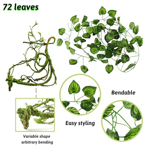 QUOZUO Reptile Plants, Terrarium Hanging Plant Vines Artificial Leaves Reptile Hide, Leopard Gecko Tank Accessories, Terrarium Decorations for Bearded Dragon Lizard Snake Chameleon