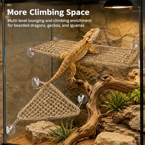 Dansydaisy 4 Pcs Bearded Dragon Reptile Hammock Large Set, Woven Lounger with Strong Suction Cups, Includes 2 Rectangle (29.5" x 7.1") and 2 Triangle (12.6" x 16.5") Climbing Beds for Geckos Iguanas - size: 29.5" X 7.1",12.6" X 16.5"