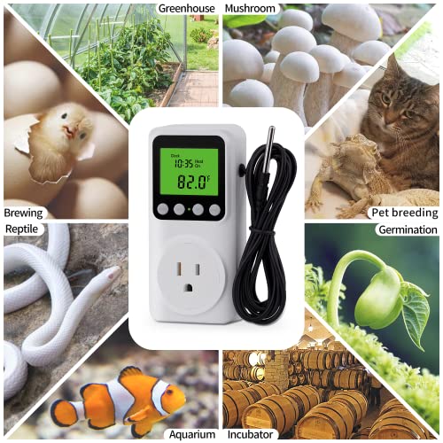 DIGITEN Digital Programmable Thermostat Outlet with Timer | 15A Plug-in Day-Night Temp Controller for Heating/Cooling, Clock & ℃/℉, Backlit LCD, 110V for Home/Reptile/Heat Mat