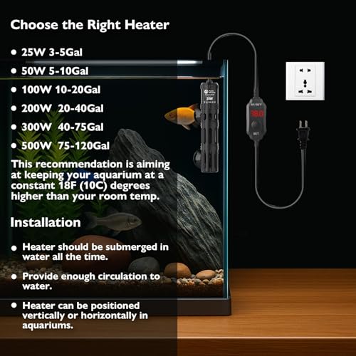 AquaMiracle Submersible Aquarium Heater, 25W Fish Tank Heaters with LED Digital Temp Display, Dry-Run Auto Power-Off & Overheat Protection, for Freshwater and Saltwater Tanks (3-5 Gal) - size: For 3-5 Gal Aquariums