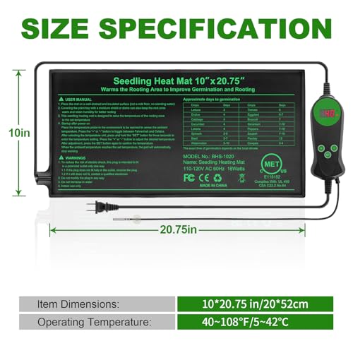 Seedling Heat Mat with Built-in Temperature Controller, 10" x 20.75" Waterproof Plant Heating Pad with Thermostat MET-Certified Warm Mat for Hydroponic,Germination, Indoor Gardening, Greenhouse