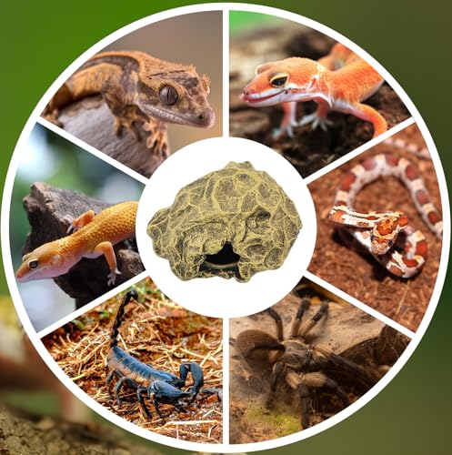 Small Hideout for Reptiles,Reptile Hide Cave Resin Gecko Habitat Decor 2 in 1 Multi-Functional Leopard Gecko Tank Accessories Hideout with Detachable Base as Food Bowl