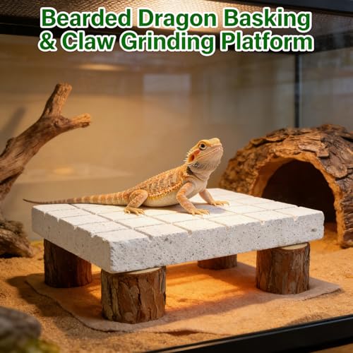 Bearded Dragon Shedding Rock, Bearded Dragon Basking Platform with Calcium Stone & Wooden Pile, Reptile Claw Grinding Block for Dead Skin Removal, Bearded Dragon Tank Accessories for Terrarium Habitat