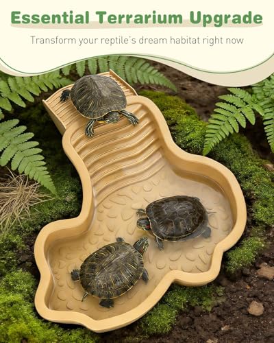 Pawfly Reptile Bathing Pool with Removable Ramp, Reptile Food Dish Feeding Dish, Tortoise Water Dish Water Bowl with Steps, Turtle Bathing Pool Bath Tub Soaking Dish for Gecko Snake Lizard Frog
