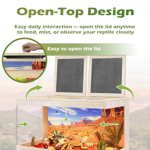 Royxen Bearded Dragon Tank, 30 Gallons Tempered Glass Reptile Terrarium with Metal Mesh Top, 3-Side Clear Anti-Scratch Glass Lizard Tank for Reptile Habitat (Oak, 24" Length) - color: Oak, size: 30Gal,24x16x16inch