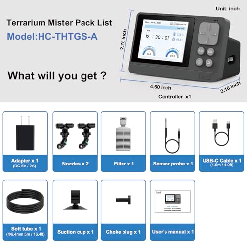 J&A Automatic Reptile Mister Temp Humidity Controller Terrarium Grey Black | New-Gen Misting System with Thermo-Hygrometer, Adjustable Spray Nozzles for Lizards, Chameleons & Snakes Tanks