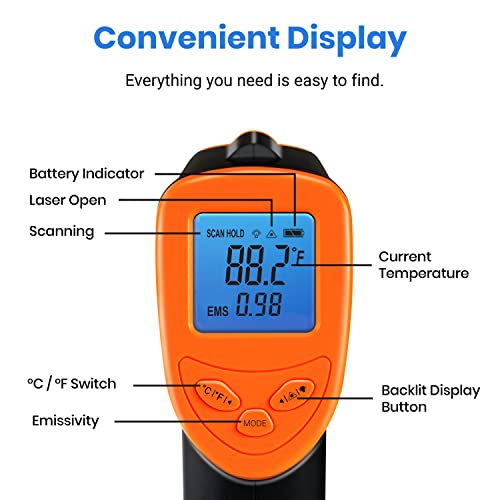 Etekcity Infrared Thermometer Laser Temperature Gun 1080, -58ยฐF~ 1130ยฐF for Meat Food Candy Pizza Oven, Heat Gun for Cooking, Kitchen, Fridge, Reptile, BBQ, HAVC, Adjustable Emissivity & Max Measure - color: Blaze Orange, style: Advanced