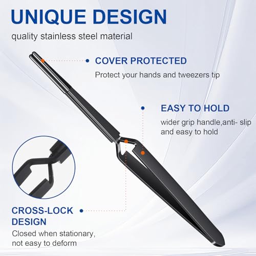Reverse Tweezers for Crafting, 2 Pcs Rubber Tipped Tweezers Stainless Steel PVC Coated Bent and Straight Flat Tip Cross Locking Precision Tweezer Set for Crafts Jewelry Beads Coins Electronic (Black)
