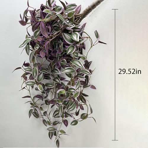 2Pcs 29.5" Artificial Wandering Jew Plants Faux Hanging Eyebrow Vine Purple Realistic Silk Fake Eyebrow Leaves Flowers for Home Office Wall Indoor Outdoor Garden Party Decoration