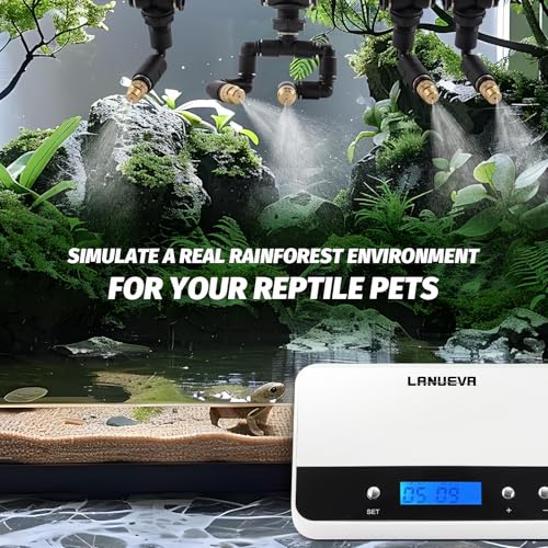 LANUEVA Timing Reptile Smart Mister, Terrarium Misting System with 3 Single Nozzles 360°Adjustable + 1 Double Nozzle, Reptile Fogger Humidifier for Lizard, Chameleon, Plants, Amphibian, Vivarium, Tank