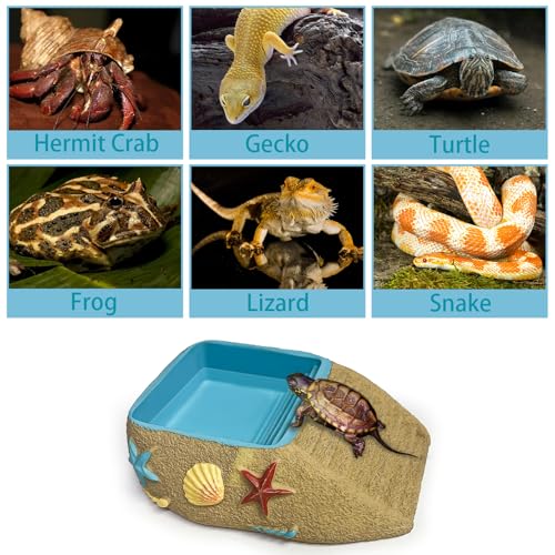 Hermit Crab Water Bowl,Resin Hermit Crab Pool with Climbing Ramp,Beach Style Reptile Feeding Dish Food Bowl Basking Platform Accessories for Turtles,Lizard,Frog,Gecko
