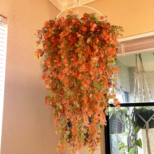 6pcs Artificial Hanging Fall Plants Fake Hanging Plant Faux Eucalyptus Leaf Greenery Vine Outdoor UV Resistant Plastic Plants (6, Fall Orange) - color: Fall Orange